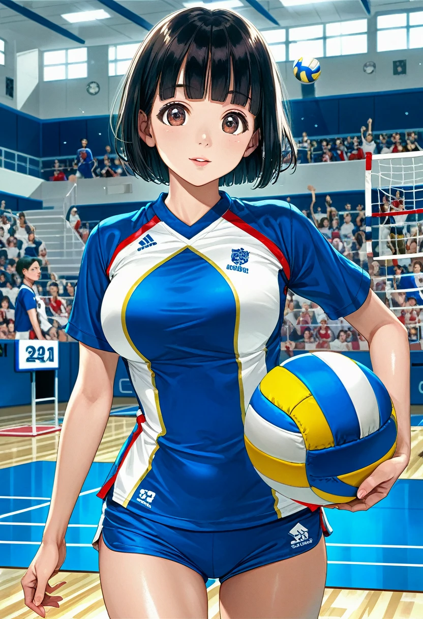 score_9,score_8_up,score_7_up,masterpiece,best quality, source anime, realistic, super detailed, extreme detailed, rating_safe,
1girl, solo, 22yo, short hair, bob cut, (blunt bangs), black hair, (tareme, detailed cute brown eyes), curled eyelashes, (large breasts:0.9), 
shiny hair, beautiful detailed eyes, beautiful face,
Playing Volleyball, Volleyball uniforms, cowboy shot,
Gymnasium, Volleyball Courts, Olympics, Japan National Team, audience,