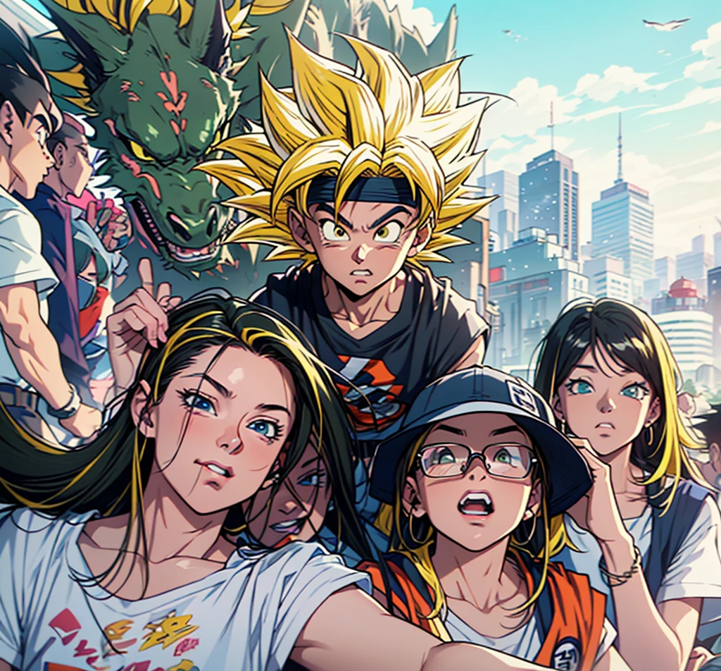 there are many people that are posing for a picture together,2D,Comic style, comics, dragonball,Son Goku,quadratic element,shoun,head portrait,super saiyan, ((yellow hair:1.3)),(blond hair:1.3), goku, super saiyan, dragon ball concept art, dragon ball artstyle,4k, manga wallpaper,