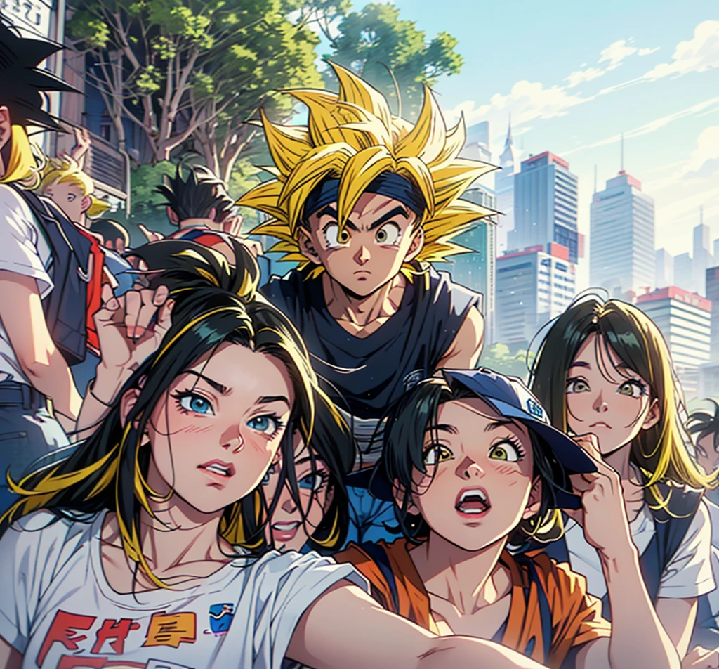 tem muitas pessoas posando para uma foto juntas,2D,estilo cômico, histórias em quadrinhos, esfera do dragão,Filho Goku,quadratic element,MOSTRAR,retrato de cabeça,Super Saiyajin, ((cabelo amarelo:1.3)),(cabelo loiro:1.3), Goku, Super Saiyajin, arte conceitual de Dragon Ball, estilo de arte de dragon ball,4K, papel de parede mangá,