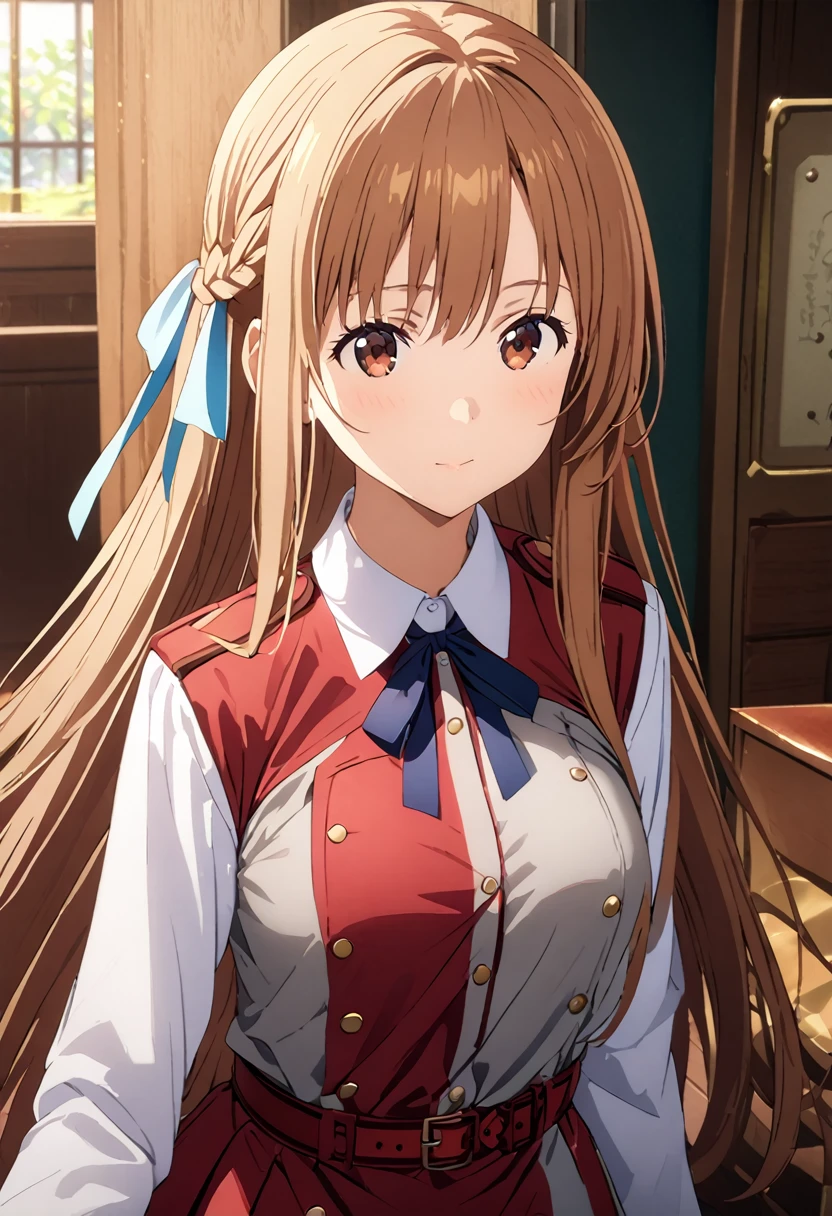 Highest quality、Super detailed、High resolution illustrations、Ultra-high-definition CG、８k size wallpaper、Production Art、Light novel illustrations、asuna yuuki, long hair, bangs, brown hair, brown eyes, very long hair, braid,, shirt, long sleeves, dress, ribbon, white shirt, collared shirt, belt, neck ribbon, red dress, blue ribbon, pleated dress, grey dress, two-tone dress, Red belt, lycoris uniform,