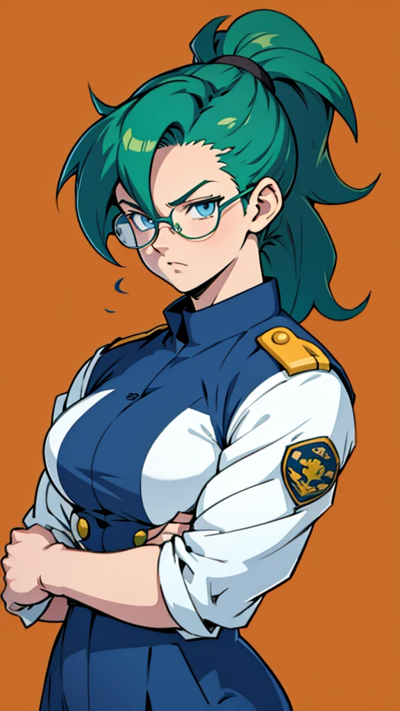 Anime, 1 garota, Sozinho, Super Saiyajin, rabo de cavalo muito grande, cabelo verde-azulado, olhos azuis, óculos redondos, corpo meio forte, Busto médio, uniforme militar