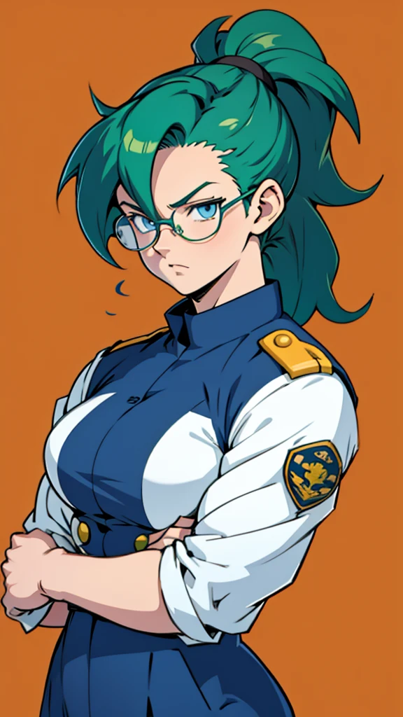 animé, 1 fille, seulement, super saiyan, très grande queue de cheval, cheveux vert-bleu, yeux bleus, Verres ronds, Corps moyennement fort, buste moyen, uniforme militaire