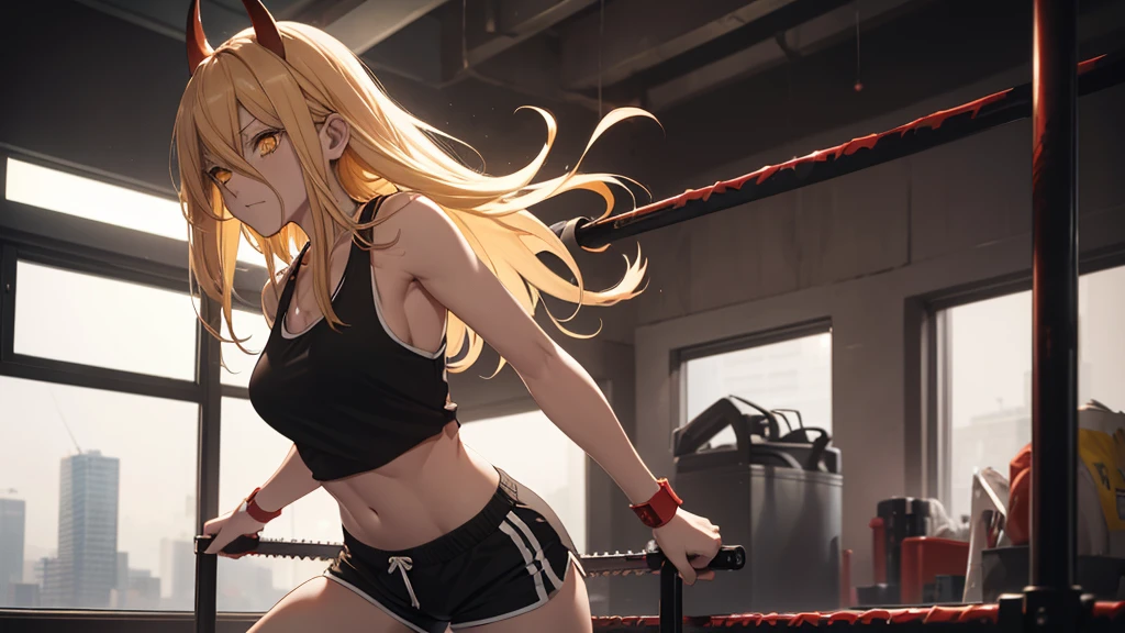 power, chainsaw anime, long yellow hair, red horns, mood strip-bar, (black tank top), (black running shorts), Pole dancing