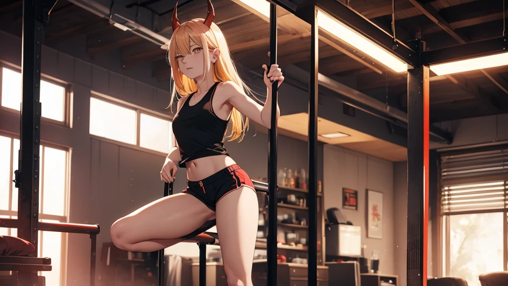 power, chainsaw anime, long yellow hair, red horns, mood strip-bar, (black tank top), (black running shorts), Pole dancing