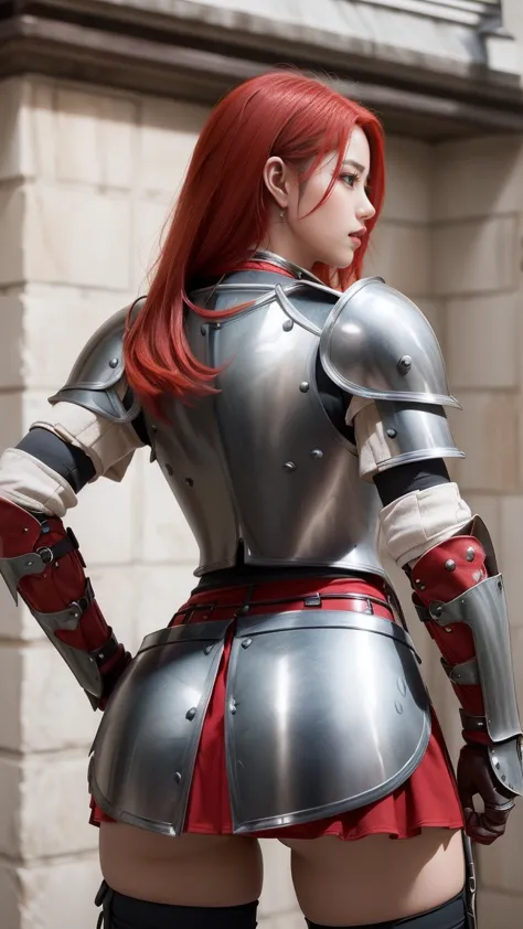 ((a red-haired warrior, from behind, wearing a short skirt on the ass, showing the ass, shot from below, using plate armor, stee...