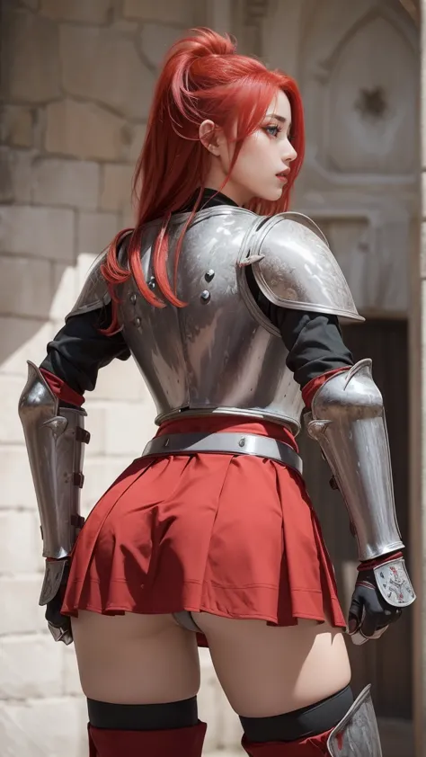 ((a red-haired warrior, from behind, wearing a short skirt on the ass, showing the ass, shot from below, using plate armor, stee...