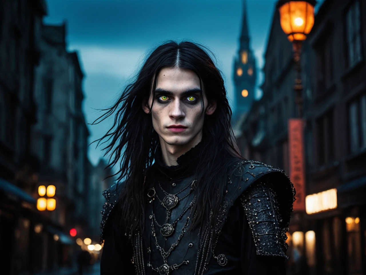 skinny 30 years old androgynous male femboy person, wearing messy worn black scale-armor, messy long hair, harrowed intricate eyes, gothic fantasy cityscape background dramatic lighting shadow dark, digital, fantasy, gothic, horror, messy, surreal, cinematic hue, moonlit, RAW candid cinema, 16mm, color graded portra 400 film, remarkable color, ultra realistic, textured skin, remarkable detailed pupils, realistic dull skin noise, visible skin detail, skin fuzz, dry skin, shot with cinematic camera 