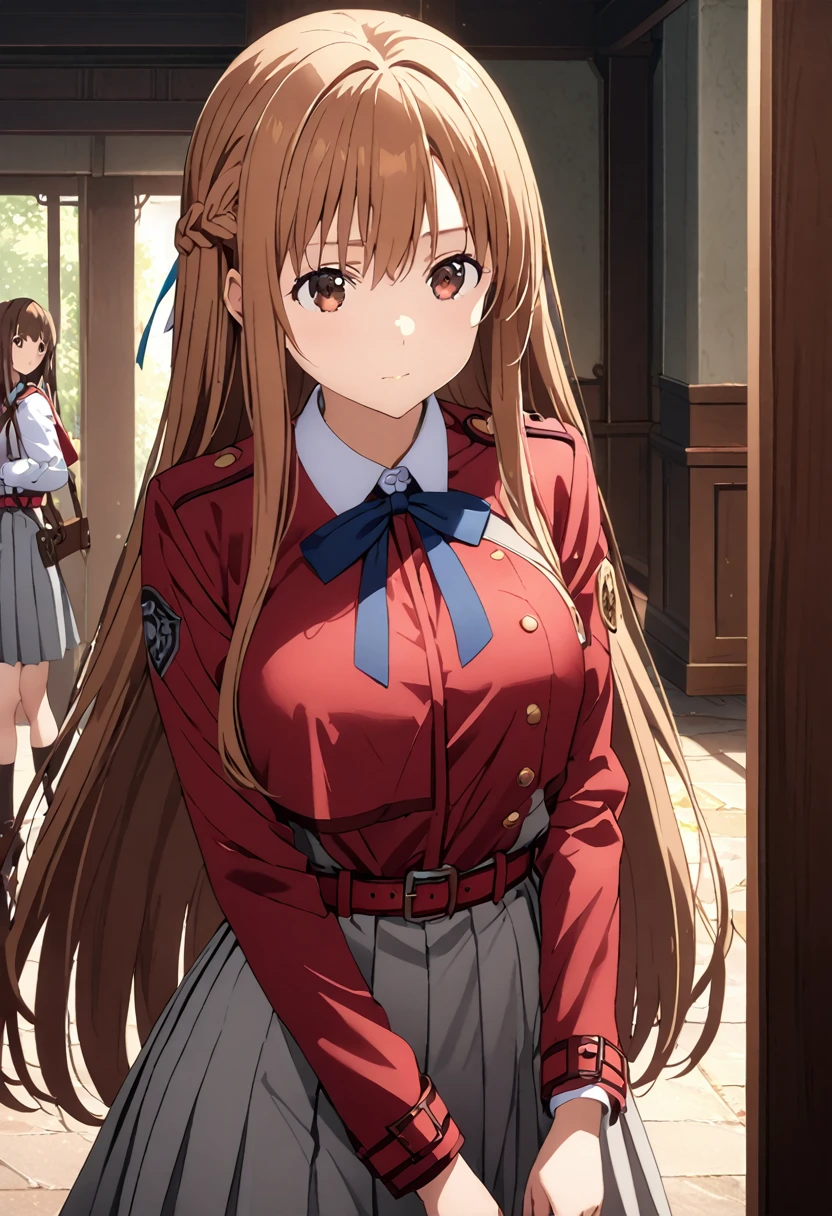 Highest quality、Super detailed、High resolution illustrations、Ultra-high-definition CG、８k size wallpaper、Production Art、Light novel illustrations、asuna yuuki, long hair, bangs, brown hair, brown eyes, very long hair, braid,, shirt, long sleeves, dress, ribbon, white shirt, collared shirt, belt, neck ribbon, red dress, blue ribbon, pleated dress, grey dress, two-tone dress, Red belt, lycoris uniform, Waiting at the corner with a gun at the ready