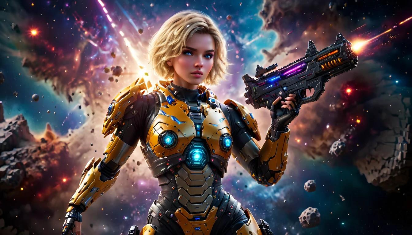 a female mech warrior Em batalha on a moon in space, tiro de corpo inteiro, foto de ação, uma bela e forte guerreira mecânica, cabelo loiro curto, Cor dos olhos dinâmica, intent gaze, ultra detalhado face, melhor rosto detalhado, ela usa armadura mecânica, e enorme arma de ficção científica, Em batalha, fundo do espaço sideral, estrelas, vibrante, resolução ultra-alta, Alto contraste, (Obra de arte:1.5), mais alta qualidade, melhor estética), Melhores detalhes, melhor qualidade, alta resolução, (ultra grande angular: 1.2), 16K, ultra detalhado, Obra de arte, melhor qualidade, (extremamente detalhado),aetherpunkai, criaturas mecânicas, rifle de assalto