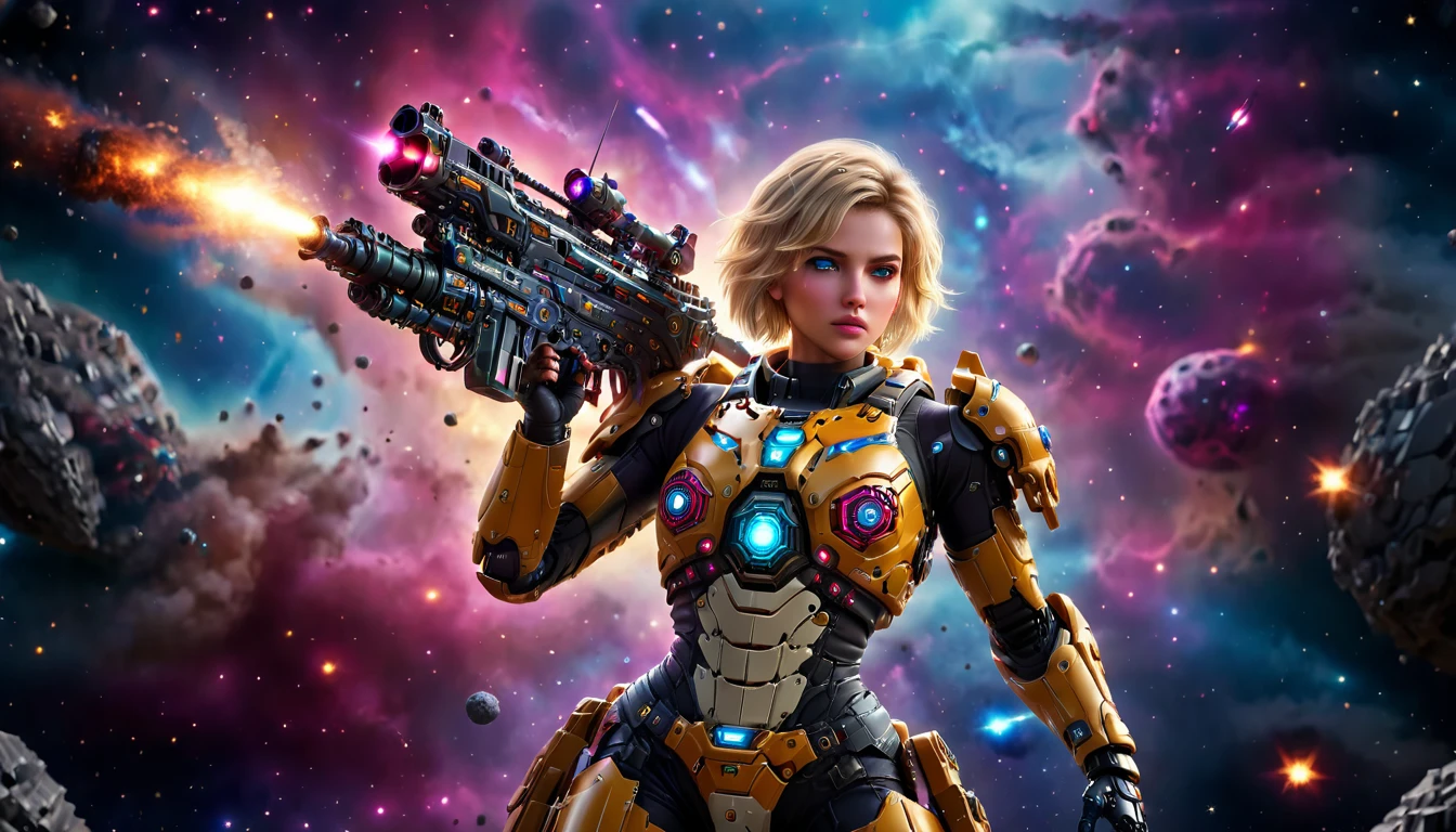 a female mech warrior Dans la bataille on a moon in space, Prise de vue complète du corps, photo d&#39;action, une guerrière mech dure et belle, Des cheveux courts et blonds, couleur des yeux dynamique, Regard d’intention, ultra détaillé face, meilleur visage détaillé, elle porte une armure mécanique, et un énorme pistolet de science-fiction, Dans la bataille, fond de l&#39;espace, étoiles, vibrant, Ultra haute résolution, Contraste élevé, (chef-d&#39;œuvre:1.5), la plus haute qualité, Meilleure esthétique), meilleurs détails, Meilleure qualité, haute résolution, (ultra grand angle: 1.2), 16k, ultra détaillé, chef-d&#39;œuvre, Meilleure qualité, (extrêmement détaillé),étherpunkai, Créatures mécaniques, Fusil d&#39;assaut