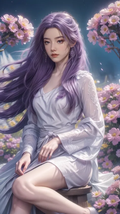 1girl, girl with long purple hair, smiling, cheerful, girl is sitting among a wide expanse of flowers, surrounded by beautiful f...