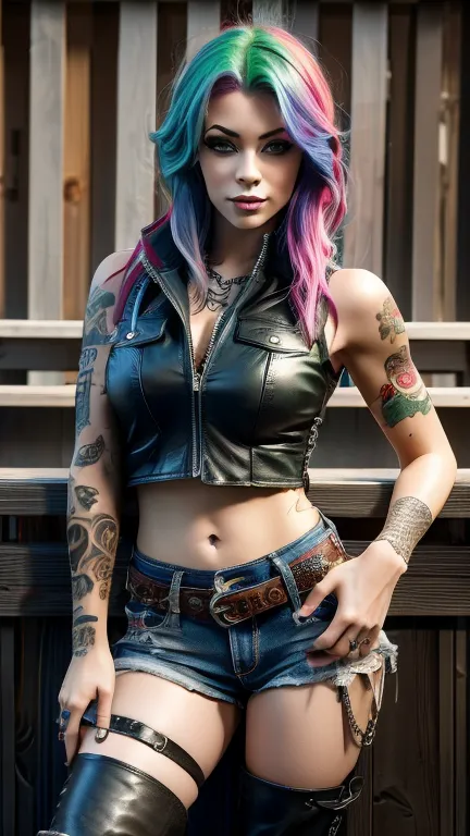 8k high resolution ultra detailed photography of a 35 year old punk woman with rainbow hair, 35 year old punk woman wears a crop...