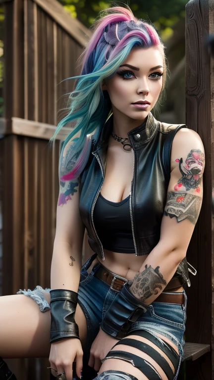 8k high resolution ultra detailed photography of a 35 year old punk woman with rainbow hair, 35 year old punk woman wears a cropped leather vest with tiger skin and jeans shorts with sexy leather chaps and cowboy boots, woman sits in full body pose on a wooden fence looking into the camera , the face of the 35 year old punk woman is depicted in ultra detail with beautiful green eyes and long eyelashes and full lips, full body tattoo, Long hairstyle, leather chaps