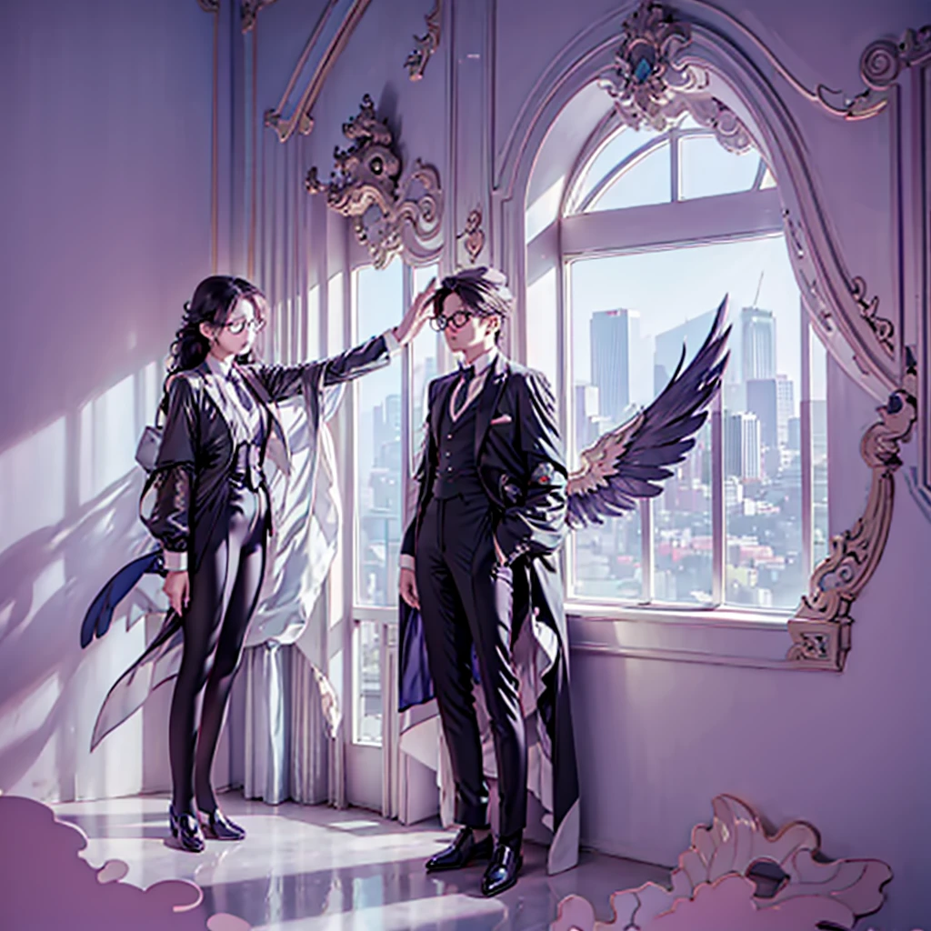 Wearing glasses、Anime character in suit and tie standing in front of the window, Delicate hermaphroditic prince, beautiful princess, Elegant anime main visual, , Handsome anime poses, Anime beauty, Exquisite and handsome wings, Inspired by Bian Shoumin, heise jinyao