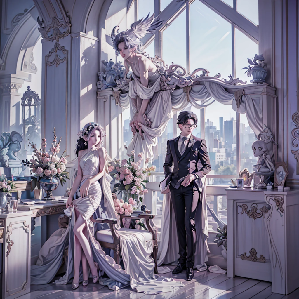 Wearing glasses、Anime character in suit and tie standing in front of the window, Delicate hermaphroditic prince, beautiful princess, Elegant anime main visual, , Handsome anime poses, Anime beauty, Exquisite and handsome wings, Inspired by Bian Shoumin, heise jinyao