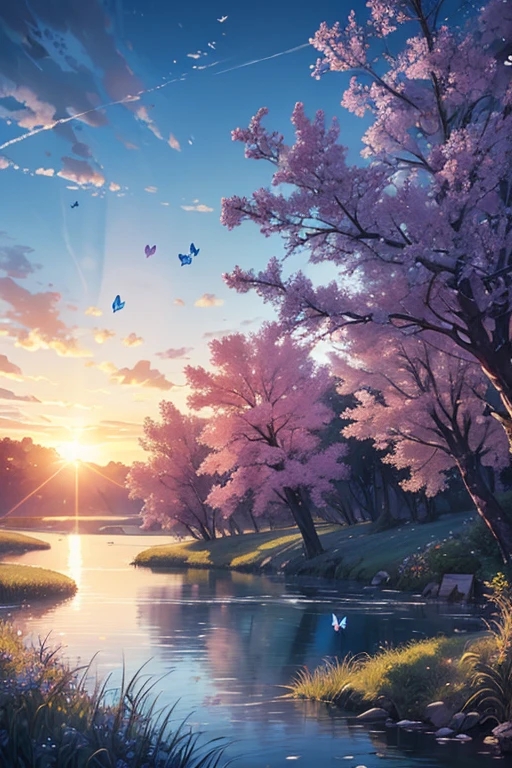 Beautiful hyper-realistic and super detailed masterpiece, which shows a mysterious river, several butterflies flying in blue color, like a tree on the right like the branches over the view ,grass field on the left, with the sunset sun, negative human construction.