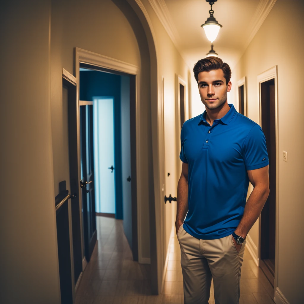 Retrato de um homem caucasiano bonito no corredor, noite, camisa azul, cabelo castanho