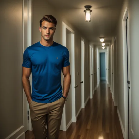 Portrait of handsome Caucasian man in the hallway, Night, Blue shirt, Brown hair