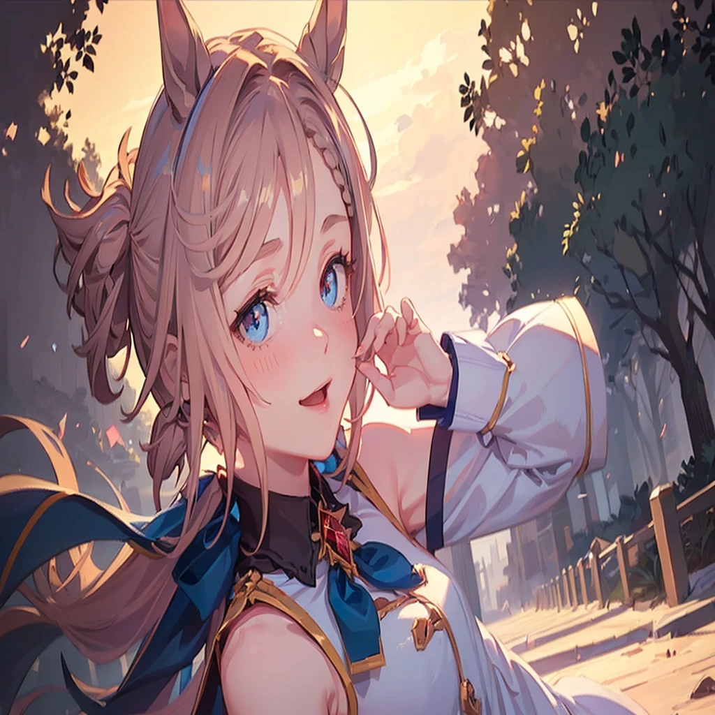 ((8K, Best Quality, masterpiece, Highly detailed)), Semi-realistic illustrations, 1girl in, 16 years old, (Baby face), (Glowing eyes:1.2), Venus Park \(Umamusume\), (pink horse tail), (Small breasts), Beautiful face, Pink short hair, blush, Looking at Viewer, ((cute smiling)), ((in the park, A clear day, In France)), (Dynamic Angle:1.3, Face Focus:1.5), extreme close - up, (soft warm lighting)