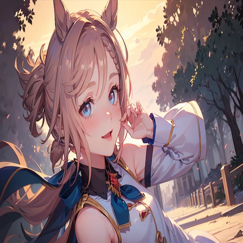 ((8K, Best Quality, masterpiece, Highly detailed)), Semi-realistic illustrations, 1girl in, 16 years old, (Baby face), (Glowing eyes:1.2), Venus Park \(Umamusume\), (pink horse tail), (Small breasts), Beautiful face, Pink short hair, blush, Looking at Viewer, ((cute smiling)), ((in the park, A clear day, In France)), (Dynamic Angle:1.3, Face Focus:1.5), extreme close - up, (soft warm lighting)