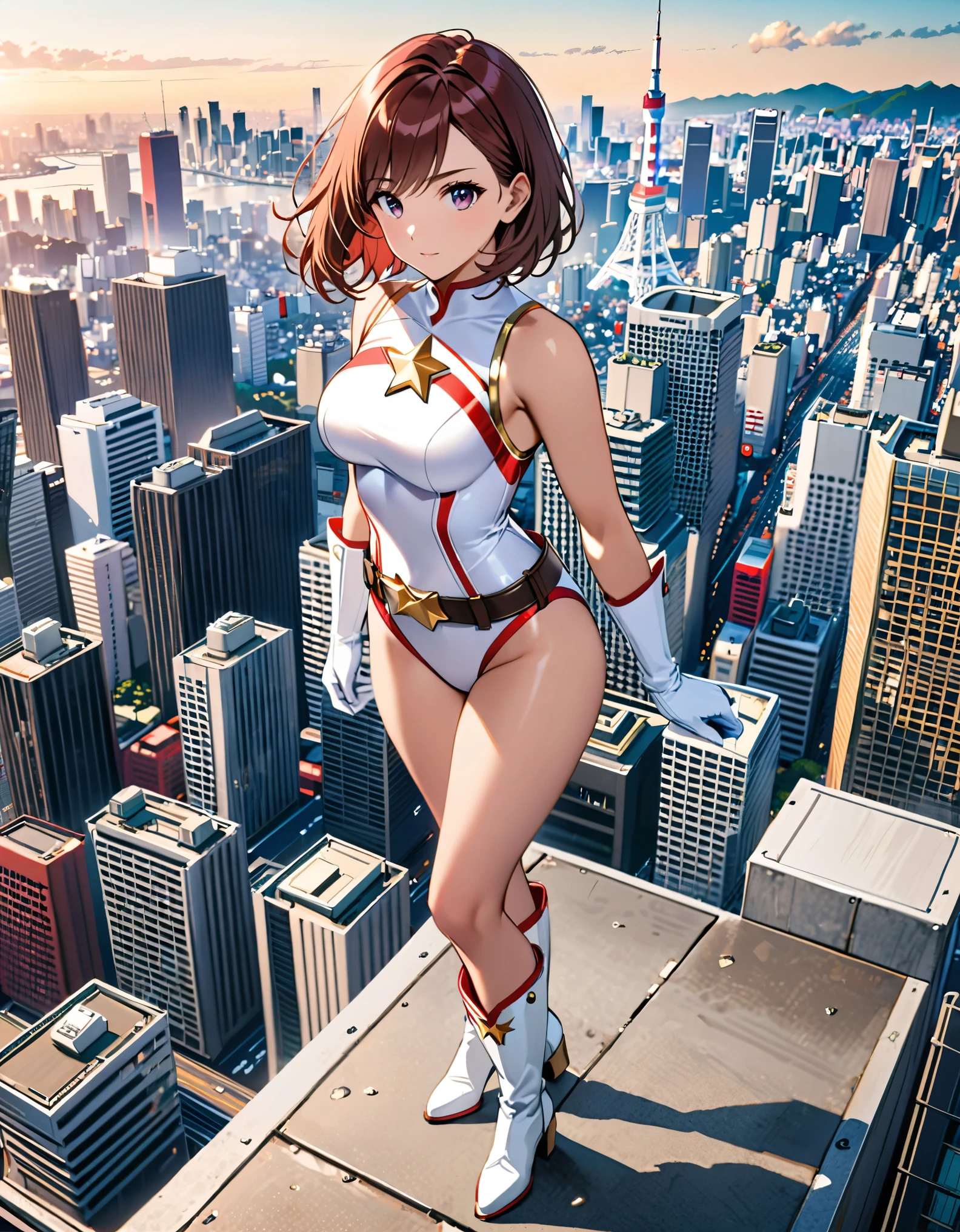 (masterpiece), (best quality), (high res), medium breasts, ((leotard, white and red leotard, matching leotard, sleeveless, bare legs)), ((tight belt, gold belt)), ((boots, matching boots, ankle-high boots, white boots)), ((gloves, white gloves)), city backdrop, tokyo city backdrop, solo, solo focus, standing, (full body), cowboy shot, superhero, ((beautiful detailed eyes)), ((gold star symbol on chest)), (brown hair, medium hair, bob hair, purple eyes), (perfect hands, perfect anatomy), cowboy shot, superhero, ((beautiful detailed eyes)), full body costume design.