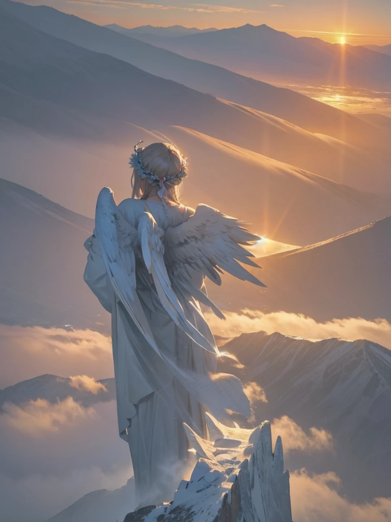 an angel of sublime beauty, from behind, observes a wonderful sunrise that appears at the top of the mountains above a sea of ​​fog