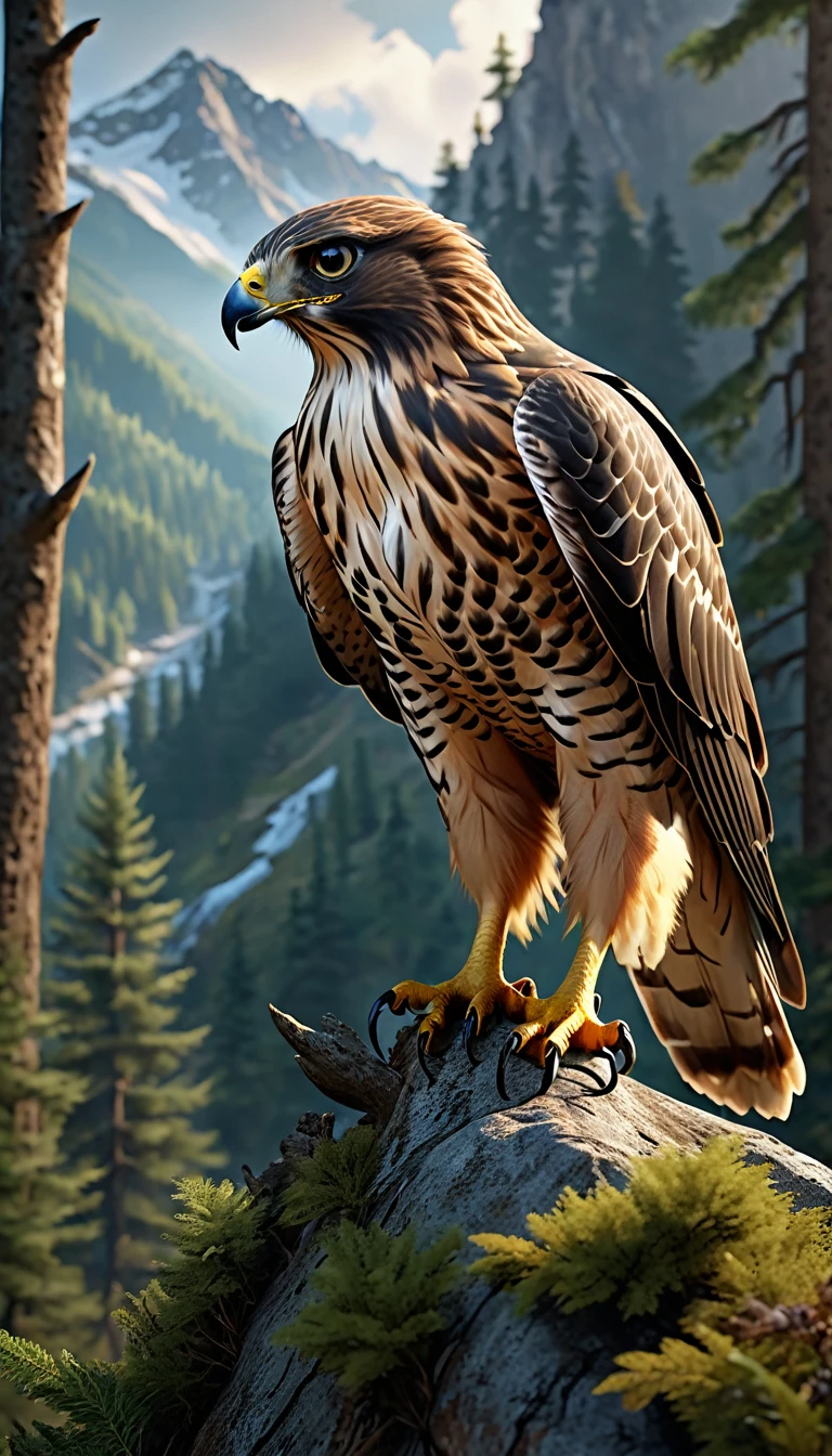 Mountains and forests，There is a kind of beast，The body of a hawk and the claws of a human hand(best quality，4K，8K，High level，masterpiece：1.2），Ultra Detailed，（lifelike，Photo real，Photo real：1.37），Highly detailed animals，Realistic lighting，Fantasy Creatures