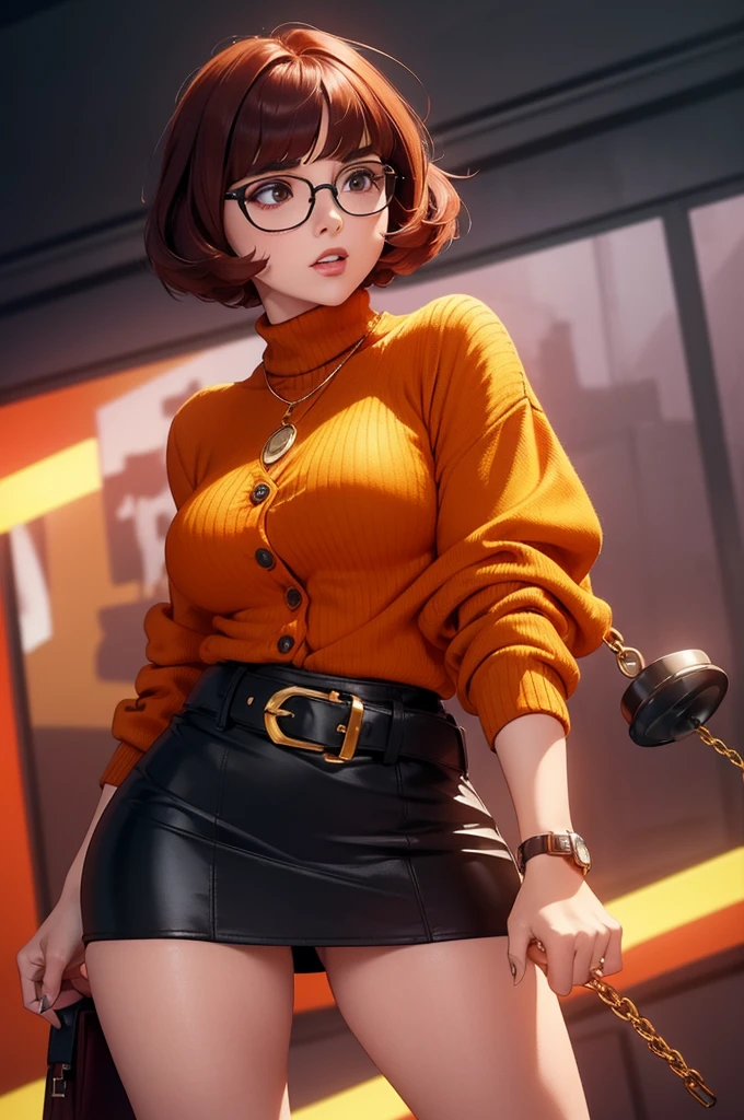 ((masterpiece, best quality, ultra-detailed, ultra-HD, photorealistic, cinematic)), (close-up camera shot, from below:1.2), (twerking, sensual pose), (alluring and voluptuous female as Velma Dinkley:1.2), perfect anatomy, perfect face, proportioned hands, (deep shade of auburn with a slight natural wave hair color, chin-length bob with blunt bangs hairstyle:1.3), (retro-chic style outfit, knee-length and maroon turtleneck dress), (a matching maroon belt that cinches at her waist:1.2), (thick-framed black square glasses), (wears knee-high, mustard-yellow socks that peek out just above her brown, sensible lace-up shoes), (sports a delicate, gold pendant necklace with a small magnifying glass charm), (vibrant orange cardigan slung over her shoulders), ((dynamic background))