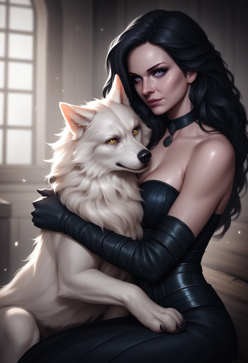 score_9, score_8_up, score_7_up, p3tl0v3, 1girl, yennefer of vengerberg, dark hair, shiny skin, eye contact, long hair, tilted angle, moody lighting, p3tl0v3, 1girl, hugging cute white wolf, dim lighting, medieval fantasy, perfect quality, high quality, photorealistic, sitting