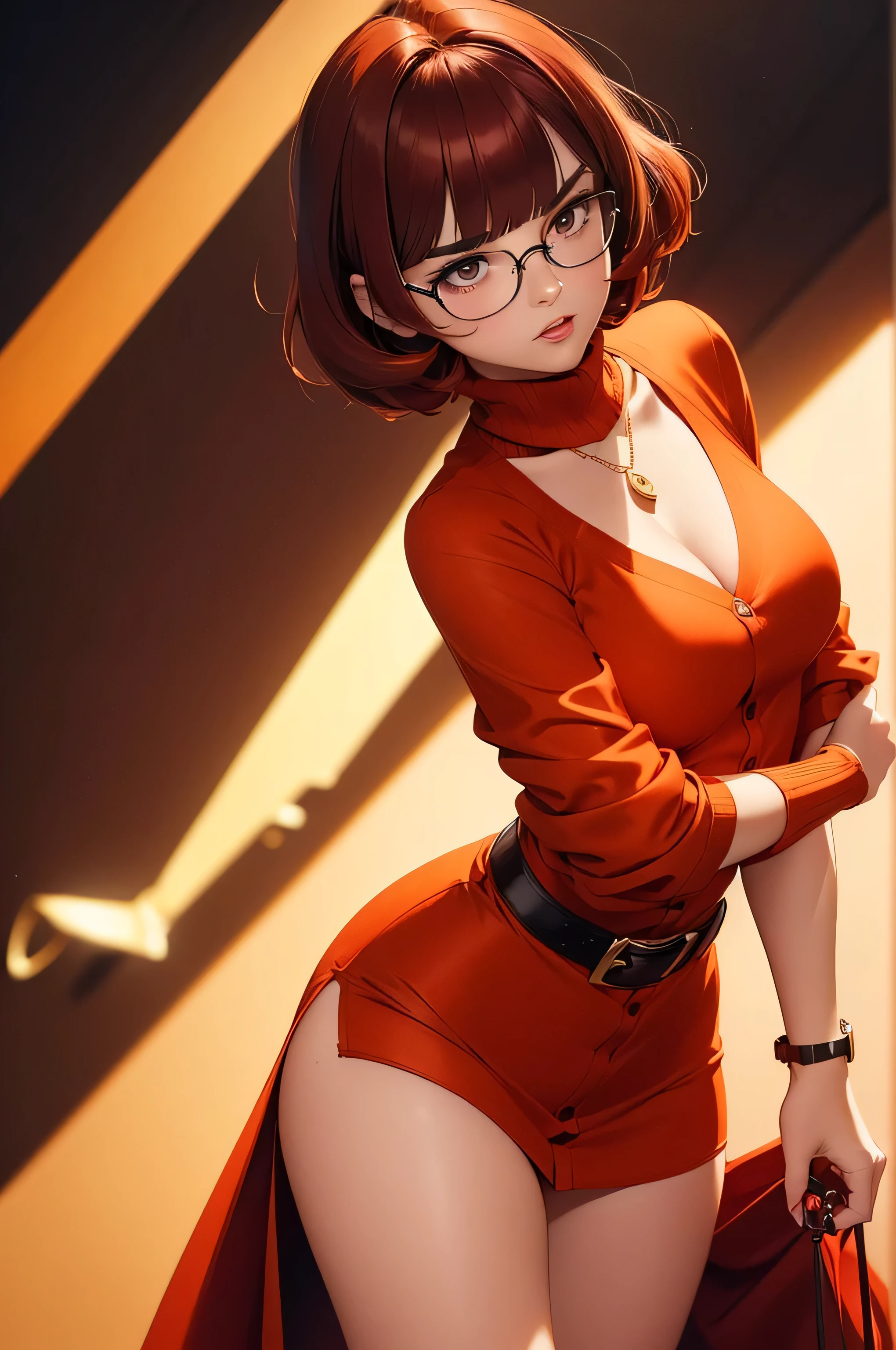 (red lingerie), ((masterpiece, best quality, ultra-detailed, ultra-HD, photorealistic, cinematic)), (close-up camera shot, from below:1.2), (twerking, sensual pose), (alluring and voluptuous female as Velma Dinkley:1.2), perfect anatomy, perfect face, proportioned hands, (deep shade of auburn with a slight natural wave hair color, chin-length bob with blunt bangs hairstyle:1.3), (retro-chic style outfit, knee-length and maroon turtleneck dress), (a matching maroon belt that cinches at her waist:1.2), (thick-framed black square glasses), (wears knee-high, mustard-yellow socks that peek out just above her brown, sensible lace-up shoes), (sports a delicate, gold pendant necklace with a small magnifying glass charm), (vibrant orange cardigan slung over her shoulders), ((dynamic background)), (red lingerie)