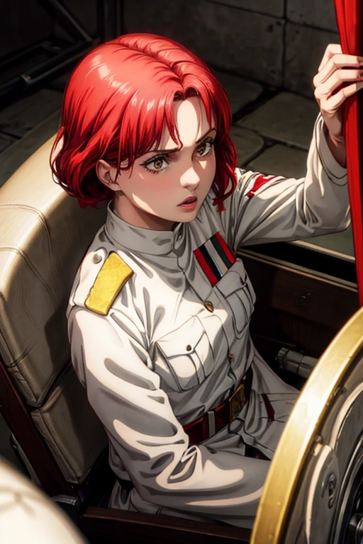 30 year old woman, channel red hair, gold eyes, neutral expression, White military uniform, liberia, Marley