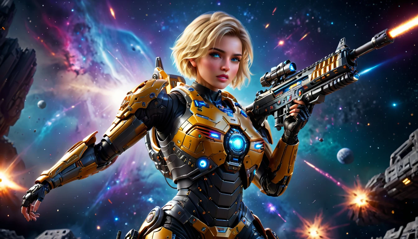 a female mech warrior في المعركة on a moon in space, لقطة لكامل الجسم, لقطة عمل, محاربة ميكانيكية قوية وجميلة, شعر أشقر قصير, لون العين الديناميكي, نظرة نية, مفصلة للغاية face, أفضل وجه مفصل, إنها ترتدي درعًا ميكانيكيًا, وبندقية الخيال العلمي الضخمة, في المعركة, خلفية الفضاء الخارجي, النجوم, نابض بالحياة, دقة فائقة, تباين عالي, (تحفة:1.5), اعلى جودة, أفضل الجماليات), أفضل التفاصيل, أفضل جودة, دقة عالية, (زاوية واسعة جدًا: 1.2), 16 ك, مفصلة للغاية, تحفة, أفضل جودة, (مفصلة للغاية),aetherpunkai, المخلوقات الميكانيكية, بندقية