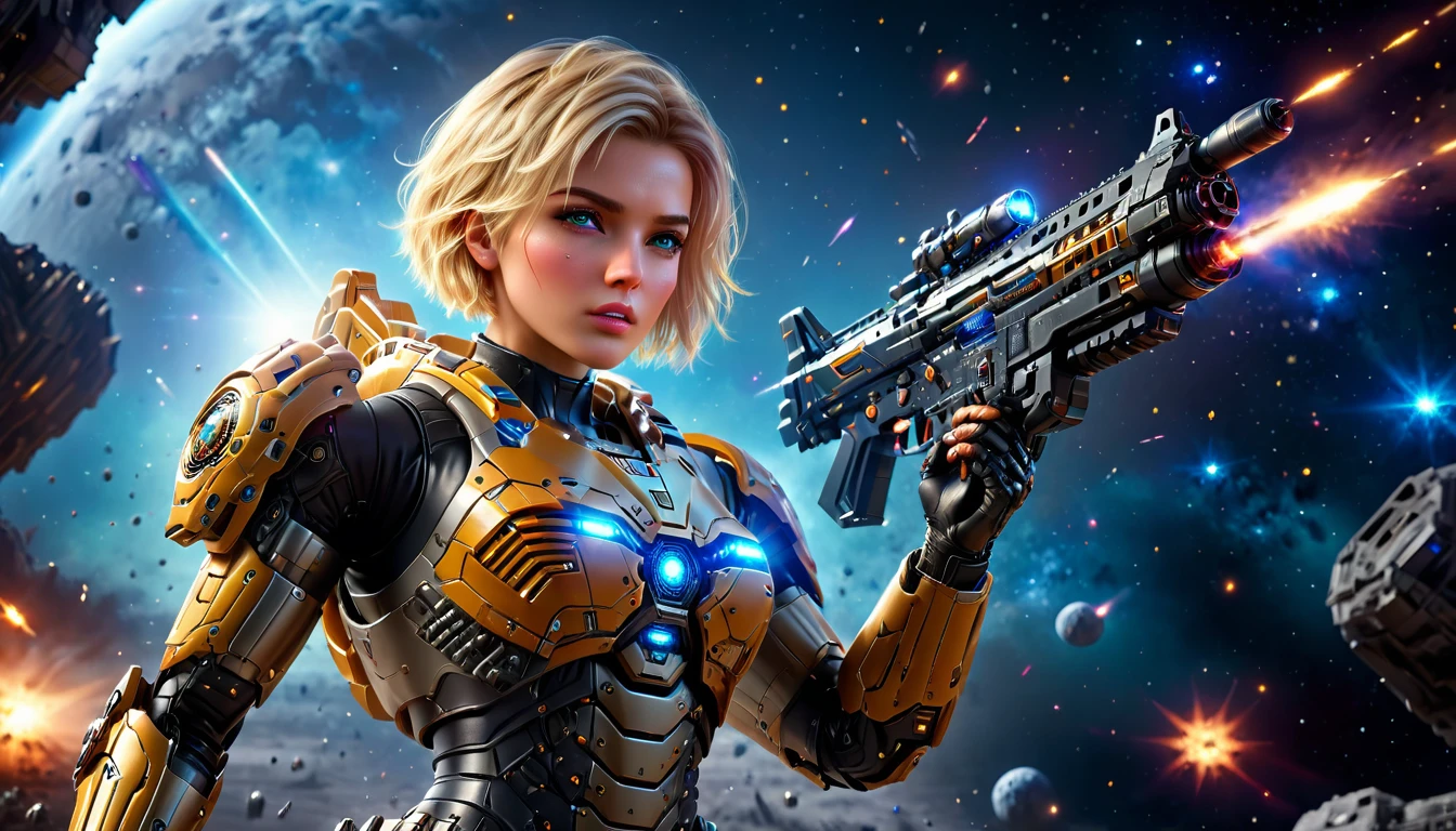 a female mech warrior in battle on a moon in space, full body shot, action shot, a tough and beautiful female mech warrior, short blond hair, dynamic eye color, intent gaze, ultra detailed face, best detailed face, she wears mech armor, and massive sci-fi gun, in battle, outer space background, stars, vibrant, Ultra-high resolution, High Contrast, (masterpiece:1.5), highest quality, Best aesthetics), best details, best quality, highres, (ultra wide angle: 1.2), 16k, ultra detailed, masterpiece, best quality, (extremely detailed),aetherpunkai, Mechanical Creatures, assault rifle