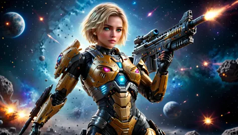 a female mech warrior in battle on a moon in space, full body shot, action shot, a tough and beautiful female mech warrior, shor...