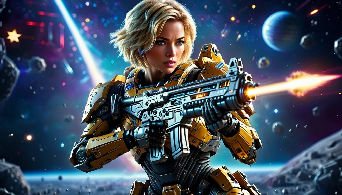 a female mech warrior in battle on a moon in space, full body shot, action shot, a tough and beautiful female mech warrior, short blond hair, dynamic eye color, intent gaze, ultra detailed face, best detailed face, she wears mech armor, and massive sci-fi gun, in battle, outer space background, stars, vibrant, Ultra-high resolution, High Contrast, (masterpiece:1.5), highest quality, Best aesthetics), best details, best quality, highres, (ultra wide angle: 1.2), 16k, ultra detailed, masterpiece, best quality, (extremely detailed),aetherpunkai, Mechanical Creatures, lasgun