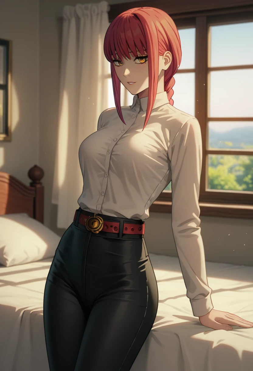 score_9_up, score_8_up, score_7_up, 1girl, solo, mature female, ((Makima)), ((red braided hair)), yellow eyes, pink lips, parted lips, fit slim body,(((perfect erected medium breast))) (((white shirt, black tight pants, belt))), (((highly detailed bedroom, window, bed))), perfect fit model body, wide hips, seductive pose, showing her pumped up ass, from behind