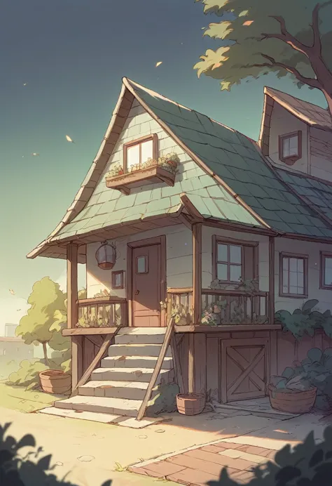 cartoon house with a porch and stairs leading to a porch, background art, house background, anime background art, cottagecore!!,...