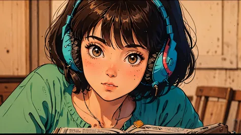 1 girl, 80s anime style, i have headphones on, retro, lo-fi, cassette tape, cassette deck