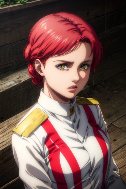 30 year old woman, channel red hair, gold eyes, neutral expression, White military uniform, liberia, Marley