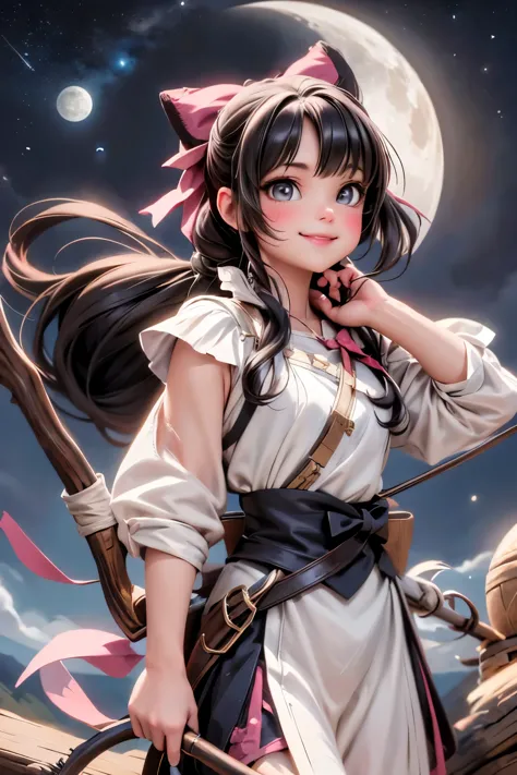 a cut archer girl smiling ((holding a bow)), a falcon perched on the bow, fantasy art style, at night, nighs scenery, moon, star...