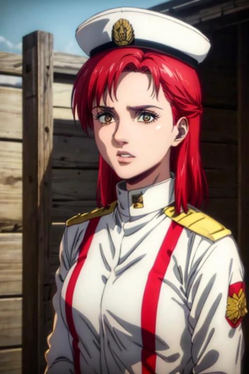 30 year old woman, channel red hair, gold eyes, neutral expression, White military uniform, liberia, Marley