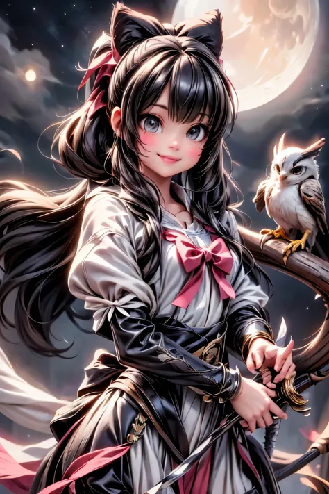 a cute archer girl smiling, ((holding a bow)), a falcon perched ((on the bow)), fantasy art style, at night, nighs scenery, moon...