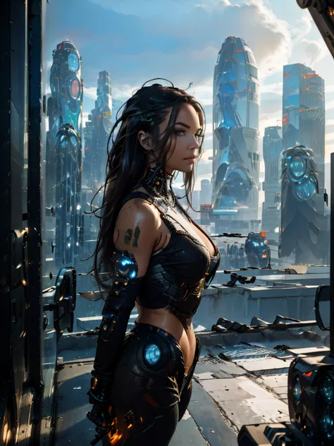 a half-cyborg girl observes the cyberpunk city where war explosions appear in the skyscrapers which can be seen reflected on the...