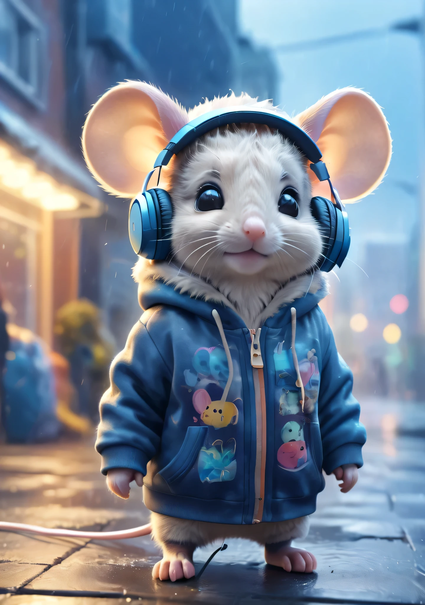 Cute baby mouse with fluffy fur wearing urban outfit, a sweatshirt and headphones, The background is modern and inorganic, adorable digital painting, 3d rendered, Bright lighting, vibrant colors, outside and raining
