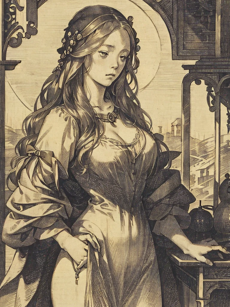 a woman who represents lust, sensual but very sad, sun at sunset behind her, drawn in Albrecht Dürer style