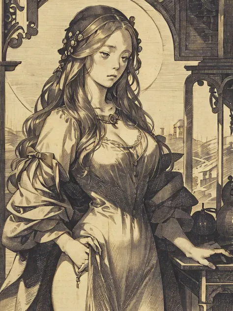 a woman who represents lust, sensual but very sad, sun at sunset behind her, drawn in albrecht dürer style