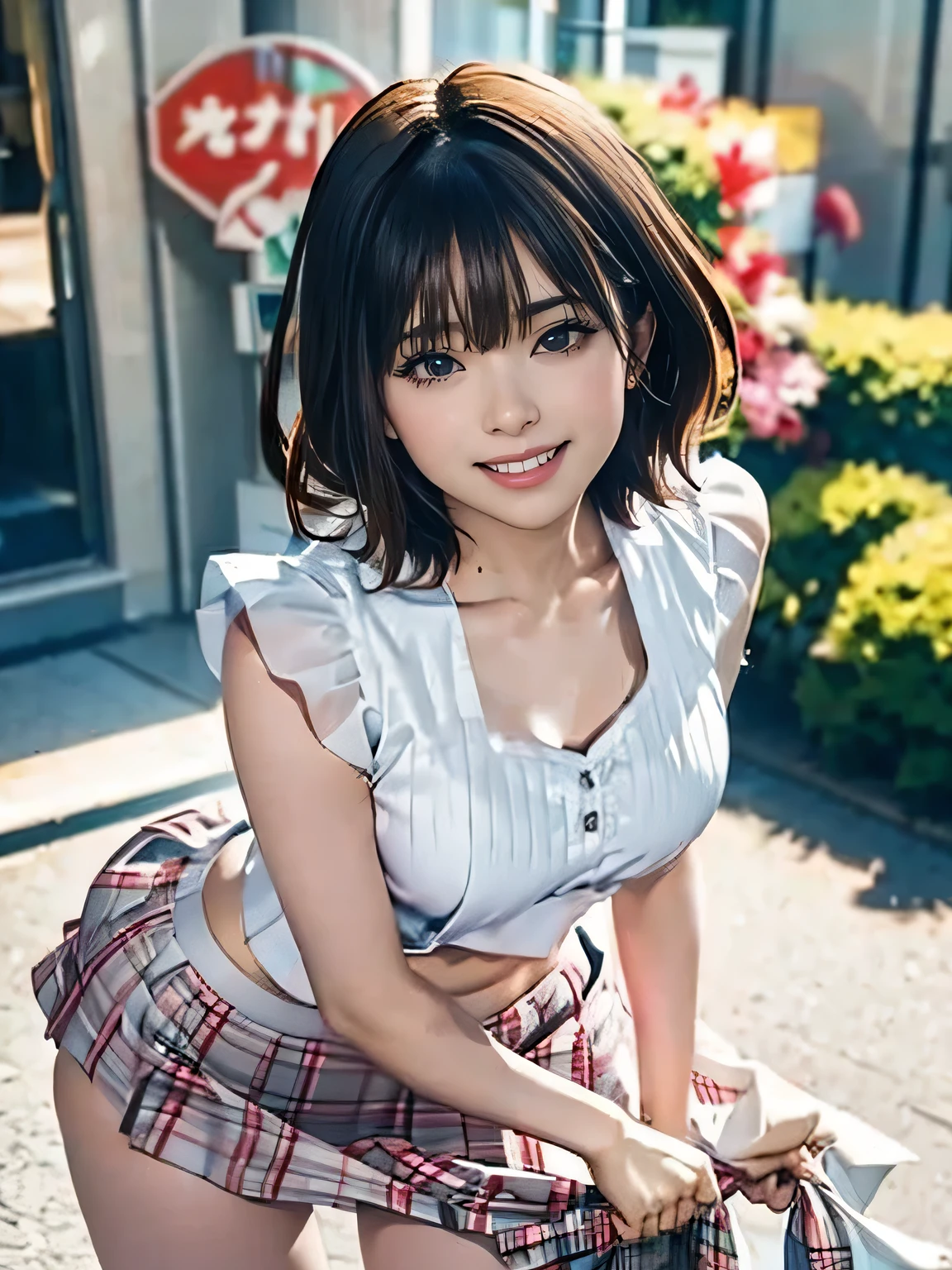 1girl, woman, girl in summer clothes, beautiful, medium breasts, flirtatious look, high res, (1girl eyes looking at viewer:1.55), camisole, Plain costumes, Simple Background, Emphasis on the chest, White outfit, whole body, cute face, beautiful face, nipple, light smile, (skirt lift:1.2), skirt lift pov, constricted waist, blush, shy, panties, underwear, 25 years old woman, skirt lift, flipped my skirt, photorealistic, (bokeh), photorealistic, depth of field, best quality, anatomically correct, super detail, textured skin, UHD, 8k