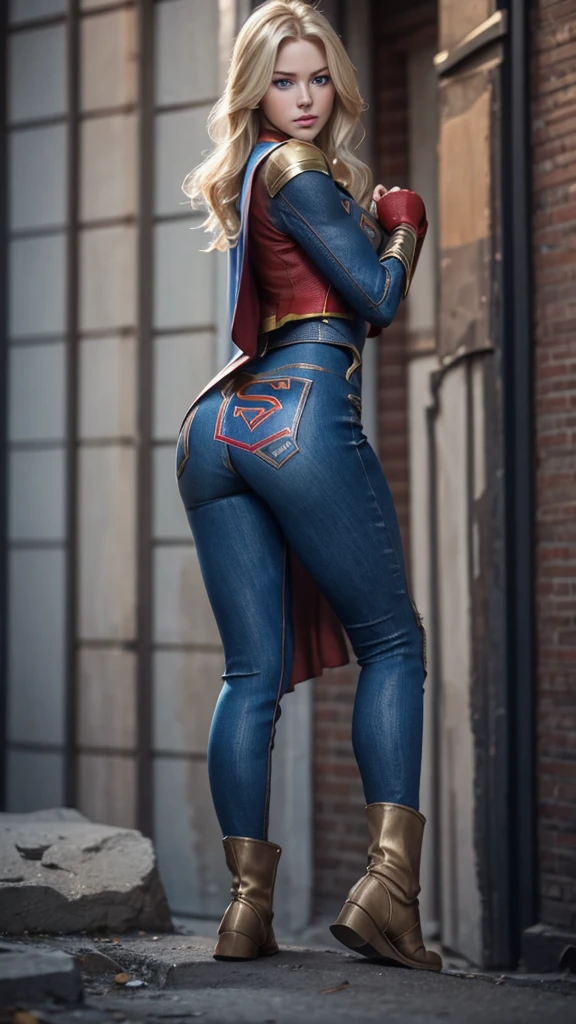 The character Supergirl, perfect costume, denim style, extremely beautiful blue eyes, perfect blond hair, smooth curves, perfect hands and fingers 