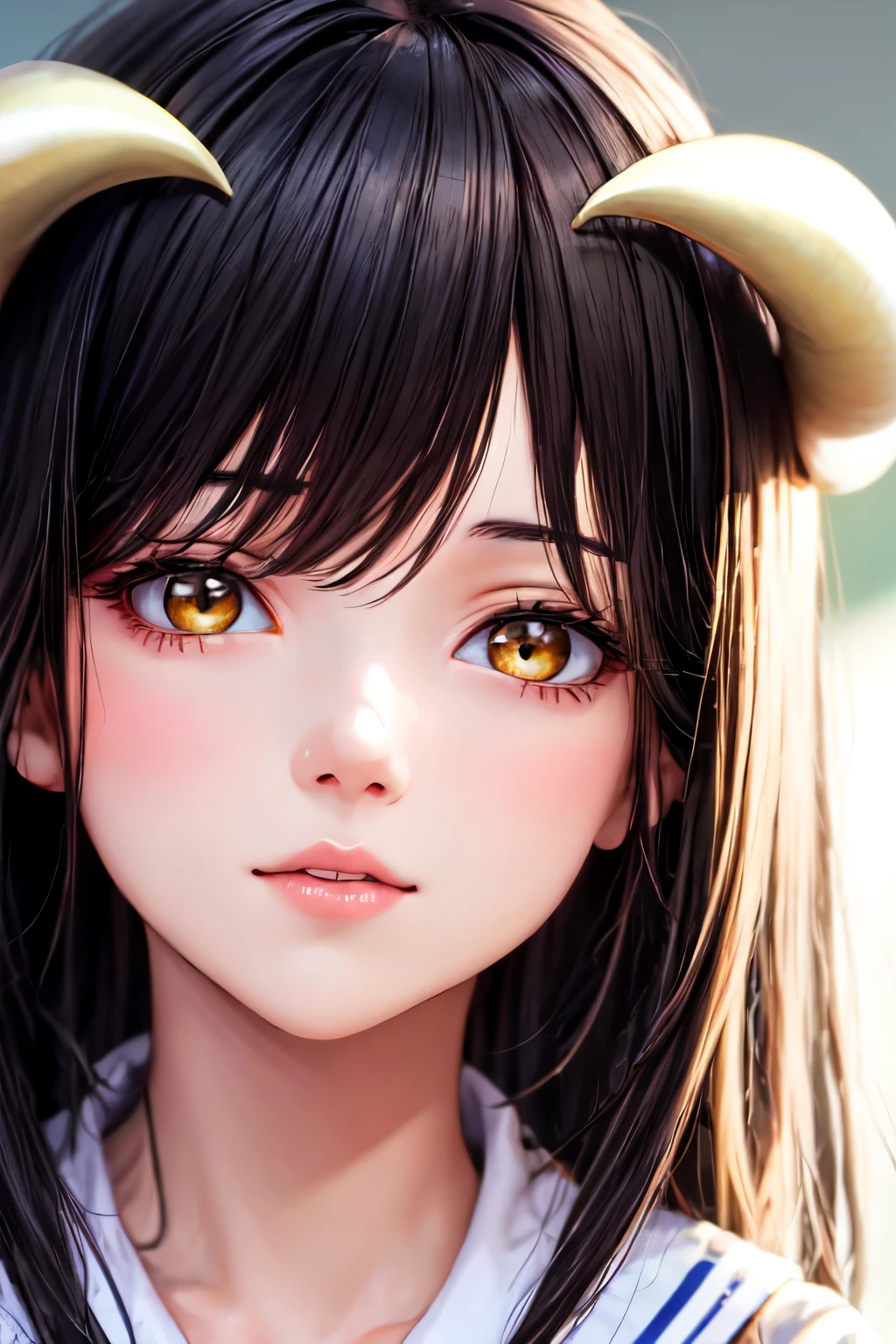 Girl scene with delicate features, black hair with white highlights, gold eyes, twisted horns on the side of the head, above the ears wearing school clothes