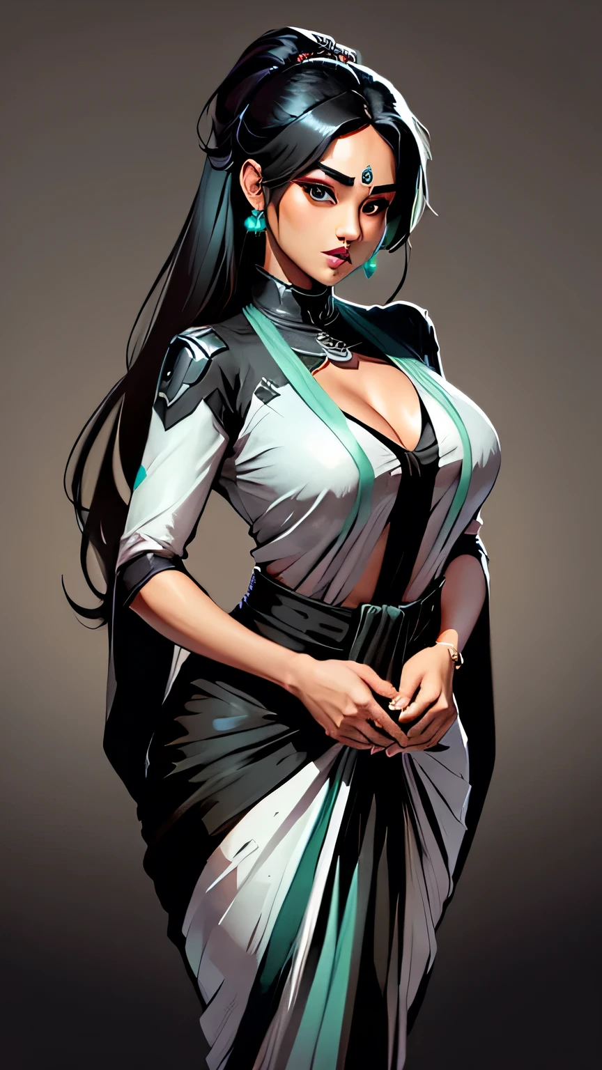 valorant, ((Sage)), game character, beautiful,  ((black and white outfit)), (((saree))), medium size breasts, cleavage, black long hair, ponni style hair